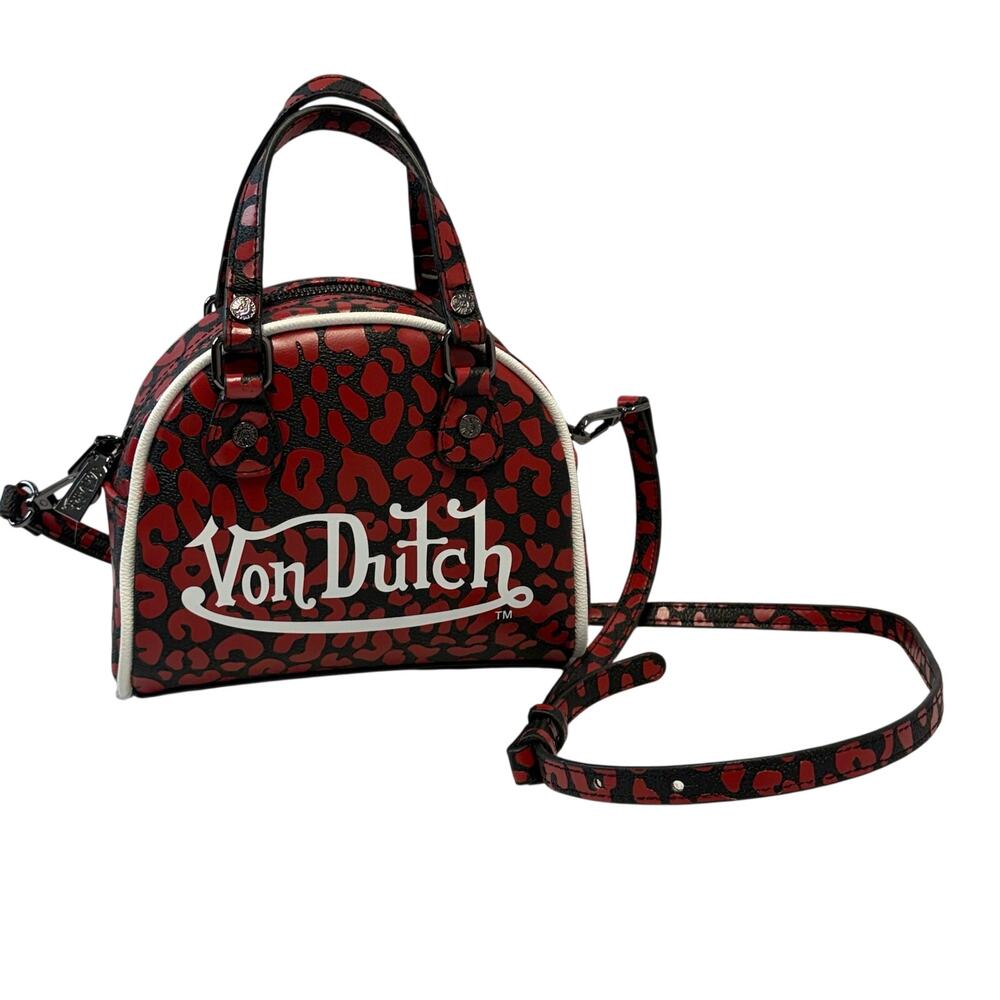 Von Dutch Red Black Mini Leopard Cheetah Bowling Bag Satchel